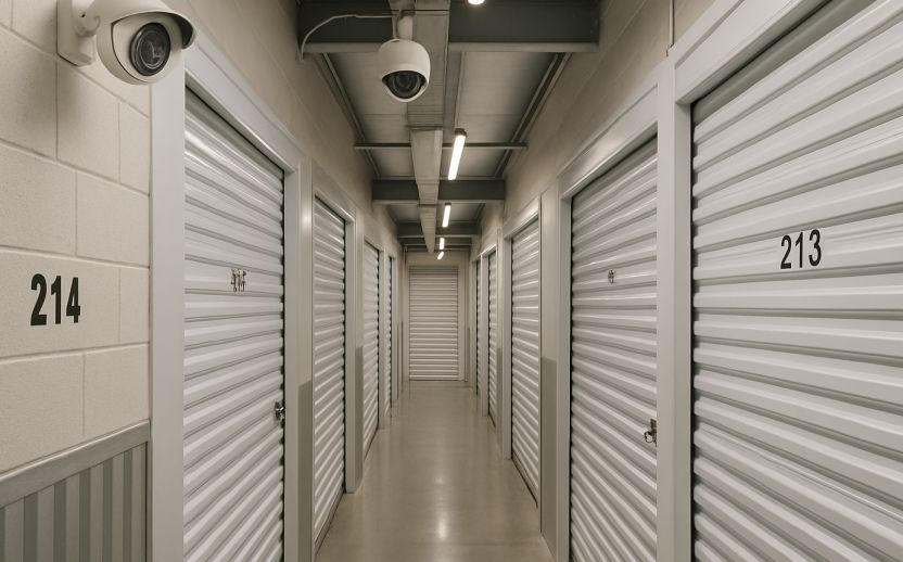 The image shows a self storage facility hallway with security cameras
