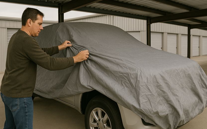 This image shows a vehicle under a covered parking area being covered by a car cover.