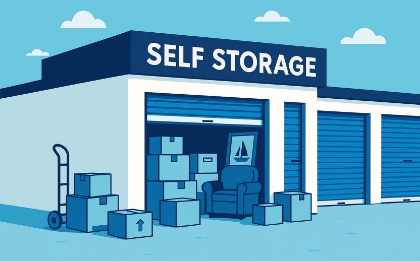 Secure self storage facility with clean storage units, moving boxes, and a dolly under a blue sky. Safe and affordable storage solutions.