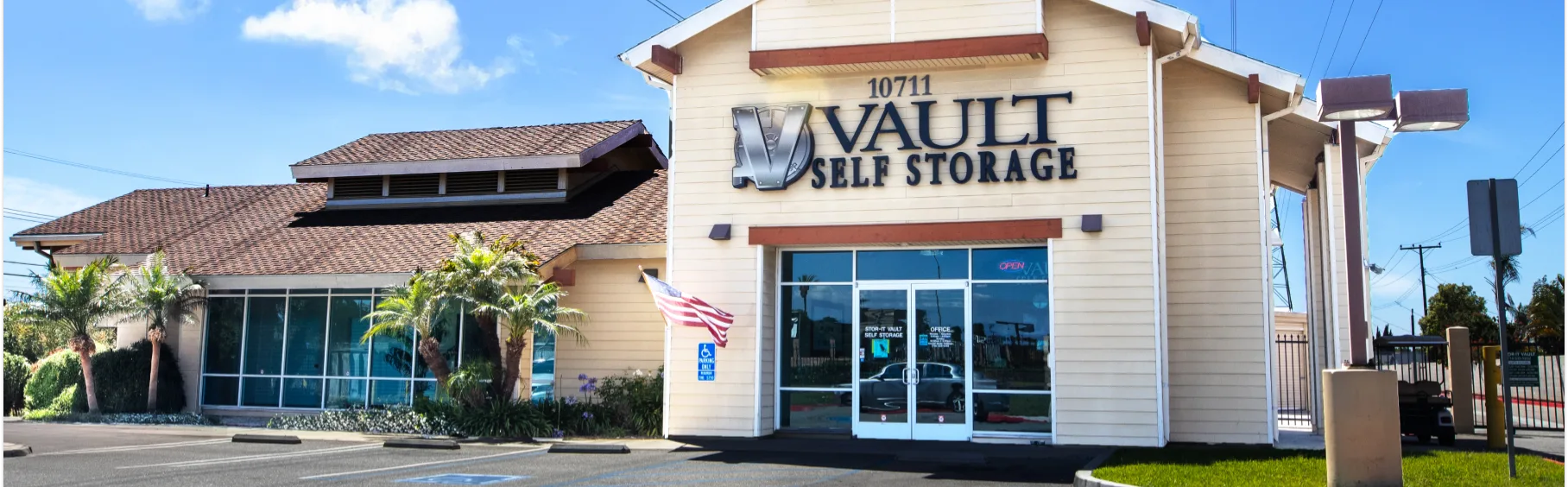 Exterior shot of the front office of the storage unit facility of Anaheim