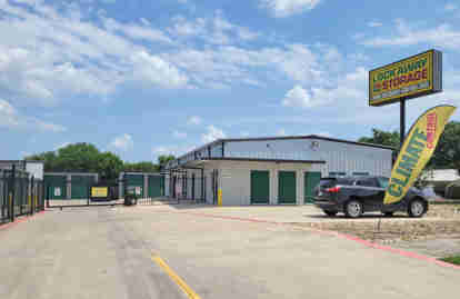 The front of the facility, decorated with Lockaway Storage signs.