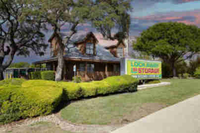 The front office building. A Lockaway Storage sign is visible outside.