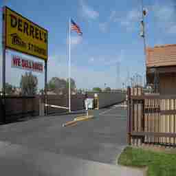 This image shows the self storage facility better and also shows a yellow sign reading Derrel's Mini Storage