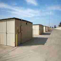 This picture shows rows of storage units in an outdoor setting