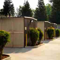 This image shows rows of storage units in an outdoor setting
