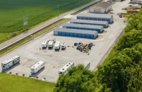 Aerial view of storage units at self storage rental facility Iron Hive Storage Solutions, 264 W County Rd 500 S, Clayton, IN, 46118