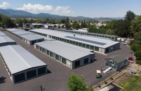 Aerial view of storage units at self storage rental facility Acorn Self Storage, 149 Oak Crest Way, Medford, OR, 97501