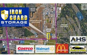 Aerial view of storage units at self storage rental facility Iron Guard Storage, 6121 172nd St NE, Arlington, WA, 98223