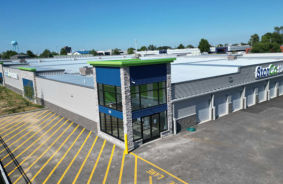 free rent self-storage for first month facility showing aerial view of building