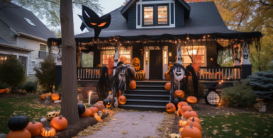 A clutter-free living room with organized Halloween decorations in storage bins, ready for holiday guests, with festive fall accents and a cozy, welcoming atmosphere.