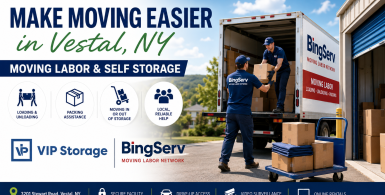 VIP Storage and BingServ moving labor services in Vestal, NY, with movers loading boxes into a truck beside self storage units.
