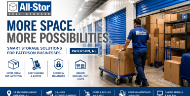 All-Stor Self Storage in Paterson, NJ, offering commercial storage with ground-level units, secure access, and convenient loading for business inventory.