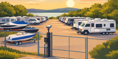 Secure boat and RV storage lot near Skiatook Lake with gated entry, security camera, and organized outdoor parking spaces at sunset.