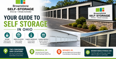 Brownstone Self Storage 16:9 header banner featuring the company logo, photos of climate-controlled and drive-up storage units in Peninsula and Defiance, Ohio, and the headline “Your Guide to Self Storage in Ohio” with icons highlighting secure access, climate control, and flexible month-to-month rentals.