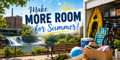 Make More Room for Summer! A scenic Paterson, New Jersey summer landscape featuring Great Falls, outdoor recreation gear, and an organized storage unit filled with seasonal items, highlighting ways to enjoy summer without household clutter.