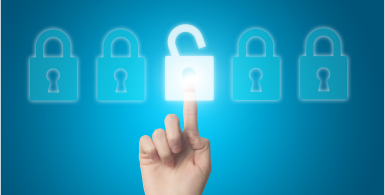 finger pressing a digital white lock with blue locks on a blue background