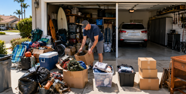 Cluttered Southern California garage being cleaned out with items sorted for storage donation and disposal near StaxUP Storage locations in San Diego County