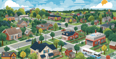Illustrated neighborhood scene showing homes, streets, and community life in Warner Robins, Georgia