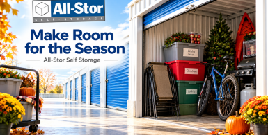 All-Stor Self Storage in Paterson, NJ, featuring blue storage units and a unit organized with holiday decorations, seasonal gear, and bicycles, with the headline “Make Room for the Season.”