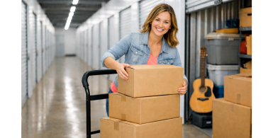 Smiling woman placing cardboard boxes onto a handcart inside a clean, well-lit climate-controlled self storage facility with rows of roll-up units in the background.