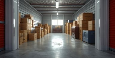 Storage unit filled with boxes, furniture, and household belongings in a secure self-storage facility.