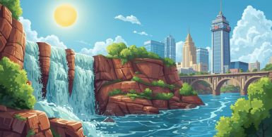 Illustration of Wichita Falls skyline with waterfall, river, and bridge under sunny sky.