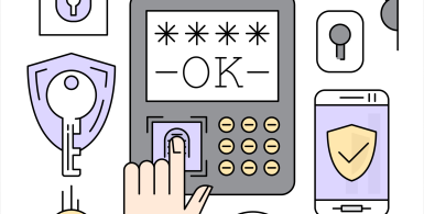 graphic of keypad and various lock symbols in white gray and purple