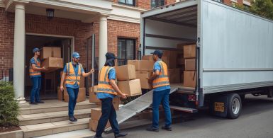 Moving company crew loading boxes into a moving truck at a residential home