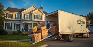 Moving company unloading boxes from truck outside suburban home in Warner Robins, GA