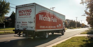 Moving truck driving through residential street in Wichita Falls, TX.