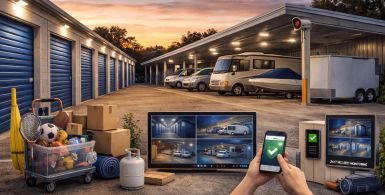 Self Storage Skiatook, OK featured image showing climate-controlled indoor units, smart keyless entry via smartphone, and boat & RV parking, with callouts for 24/7 security monitoring.