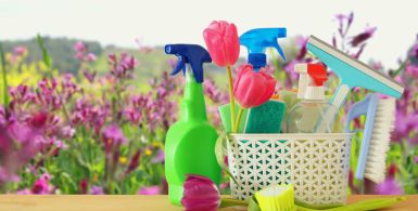 Spring Cleaning and Self-Storage - cleaning supplies and flowers in background