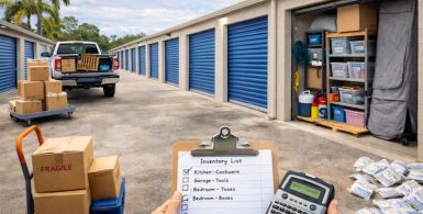 Drive-up self-storage facility with blue roll-up doors, a pickup truck being unloaded with moving boxes, a hand truck with labeled boxes, and a person holding an inventory checklist and label maker.