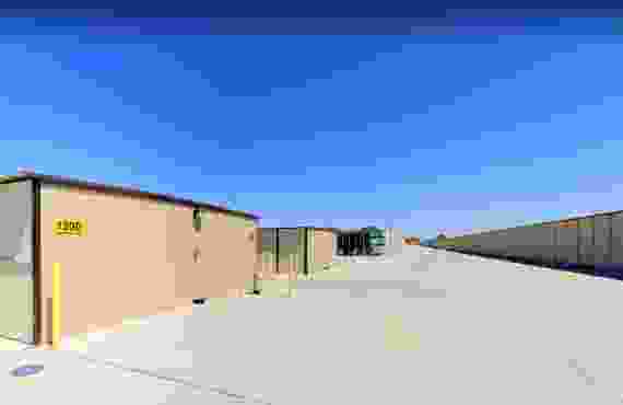 This 360 view shows rows of storage units and the wide aisles between them