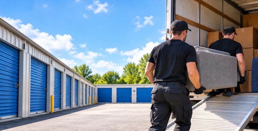 VIP Storage and BINGSERV Moving Labor partnership with movers loading furniture into a truck at a self-storage facility.
