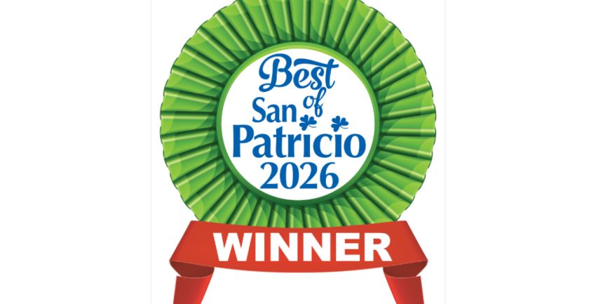 green and red ribbon with blue and white text "Best of San Patricio 2016 - Winner"