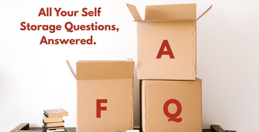 Image of storage boxes with FAQ spelled out. Text reads: All Your Self Storage Questions, Answered".