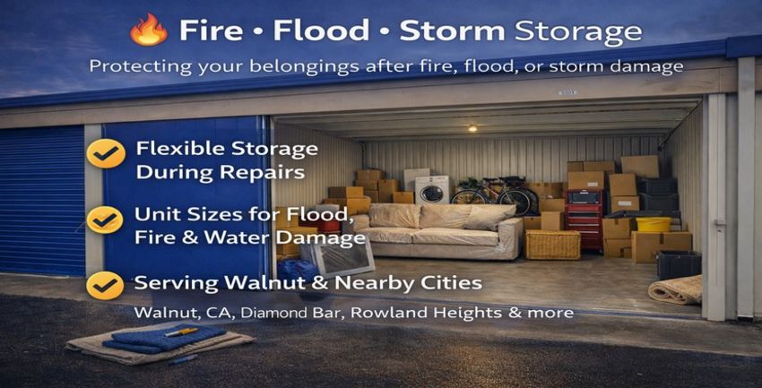 Clean, well-lit storage unit with neatly wrapped furniture and labeled boxes. Calm and organized β no dramatic flames or flood imagery.
