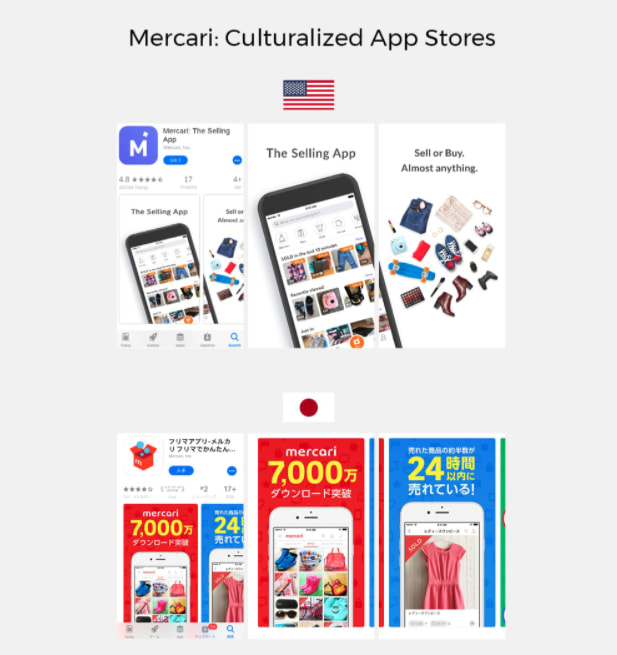 App localization example: Mercari uses app culturalization to showcase 2 completely different pages in the U.S. and Japan.