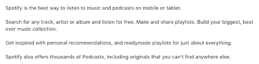 Spotify’s Apple Store App description is an example of a good app description on iOS