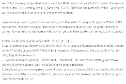 Twitch uses concise language in their Google Play Store description.