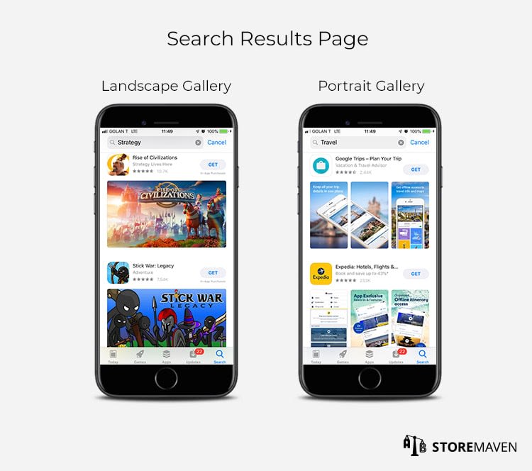 ASO Screenshots best practices for the App Store search results page: Landscape vs Portrait