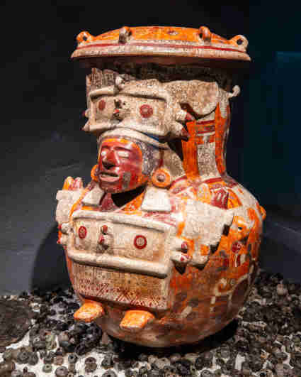 Ceramic vase depicting Chicomecoatl, god of maize and maintenance