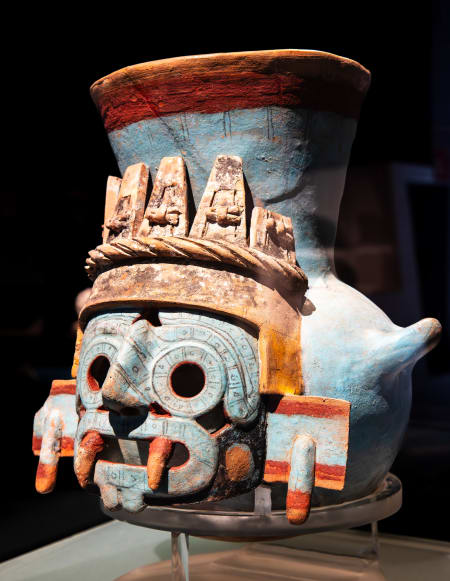 Pot with a carving of Tlaloc, Templo Mayor Museum