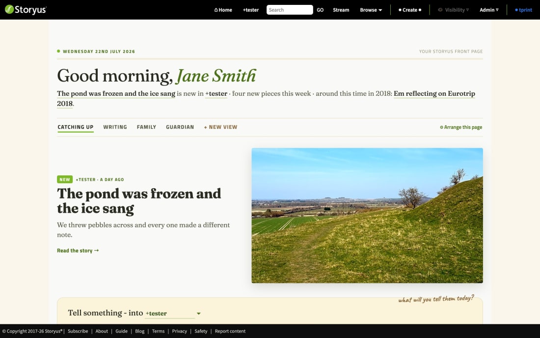 The Storyus personal front page: a dateline, a greeting, the family's news as a written line, and a photographic lead story