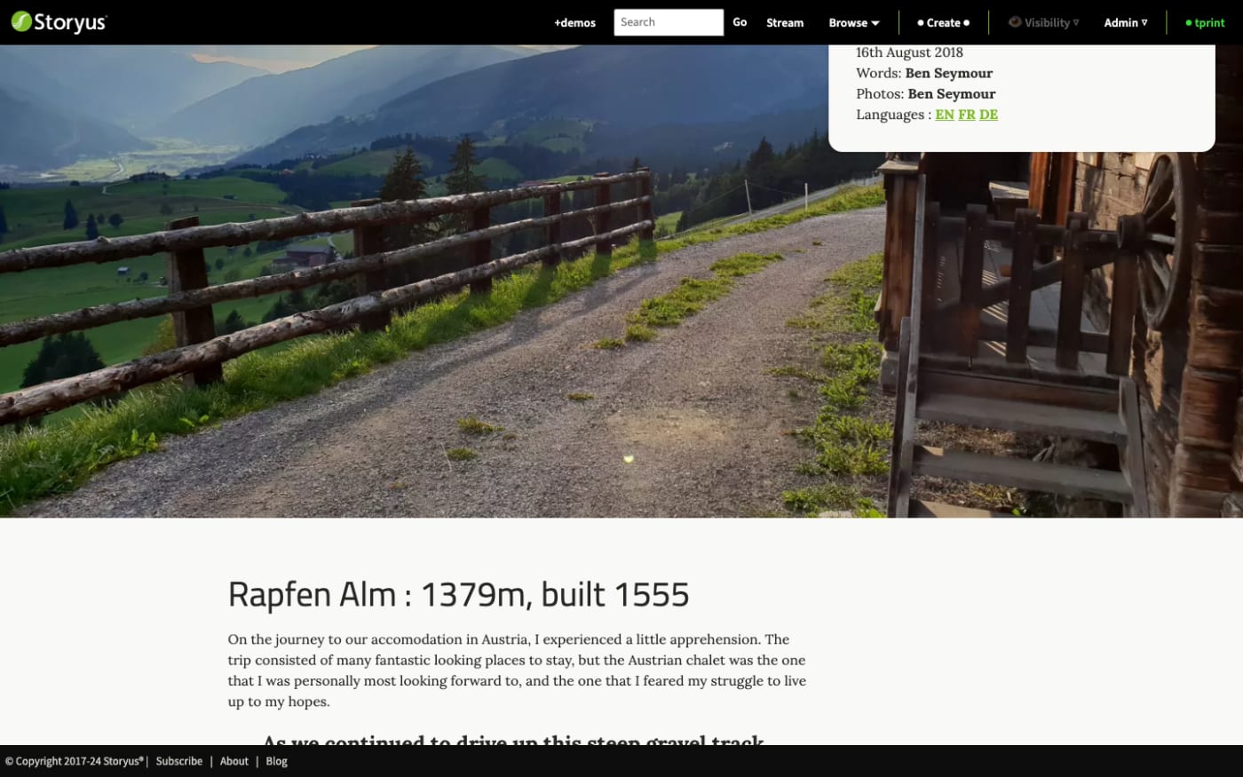 The finished essay page: long-form writing carried by full-width trip photography