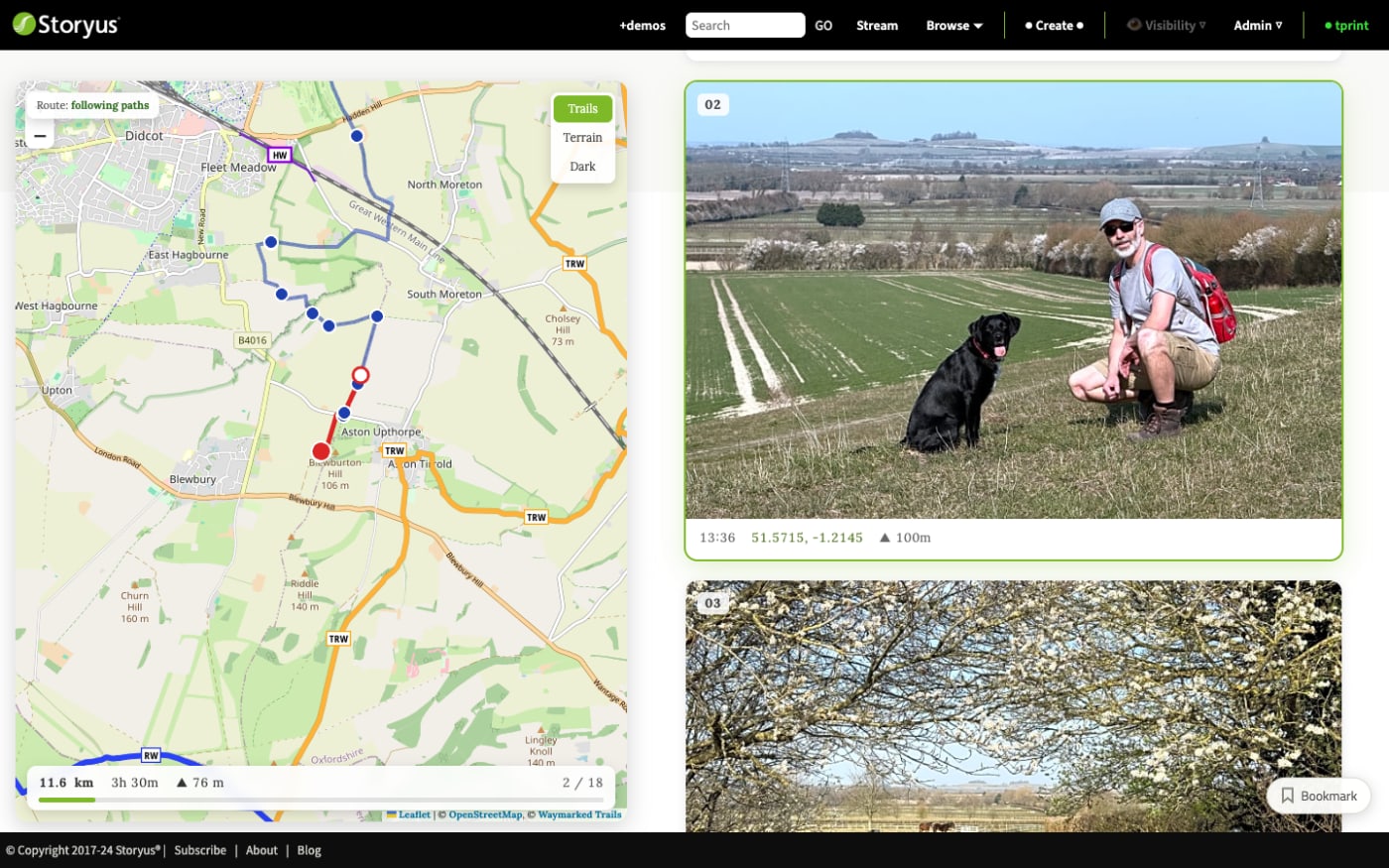 The finished journey page: the live map walking with the reader between numbered photo stops