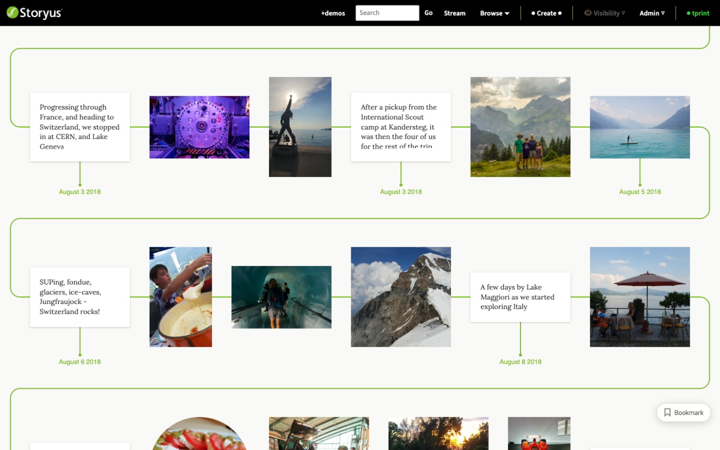 The finished Join the Dots timeline: the trip's moments threaded in order down the page