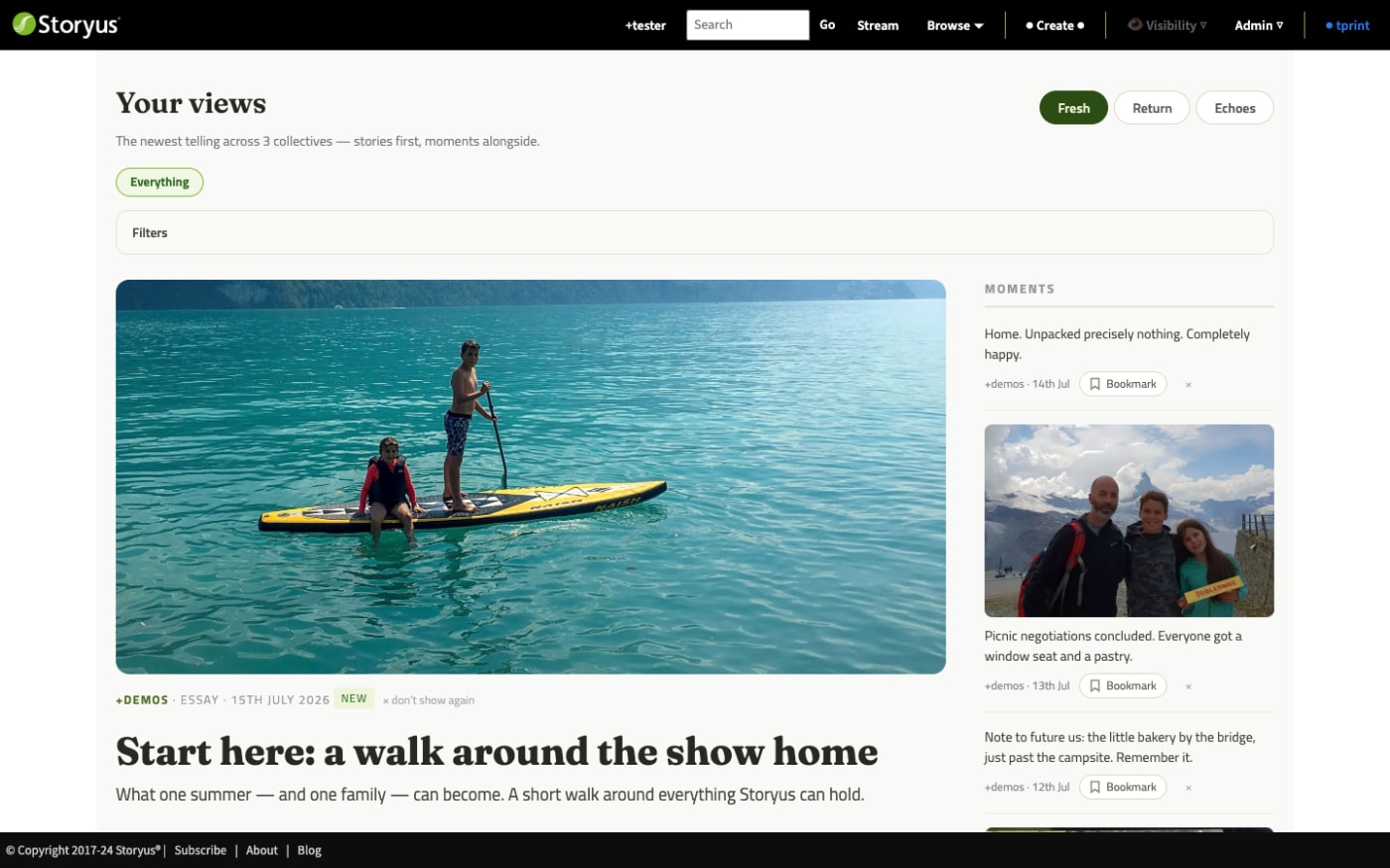 My Views: a personal magazine with Fresh, Return and Echoes buttons, a lead story and a moments rail