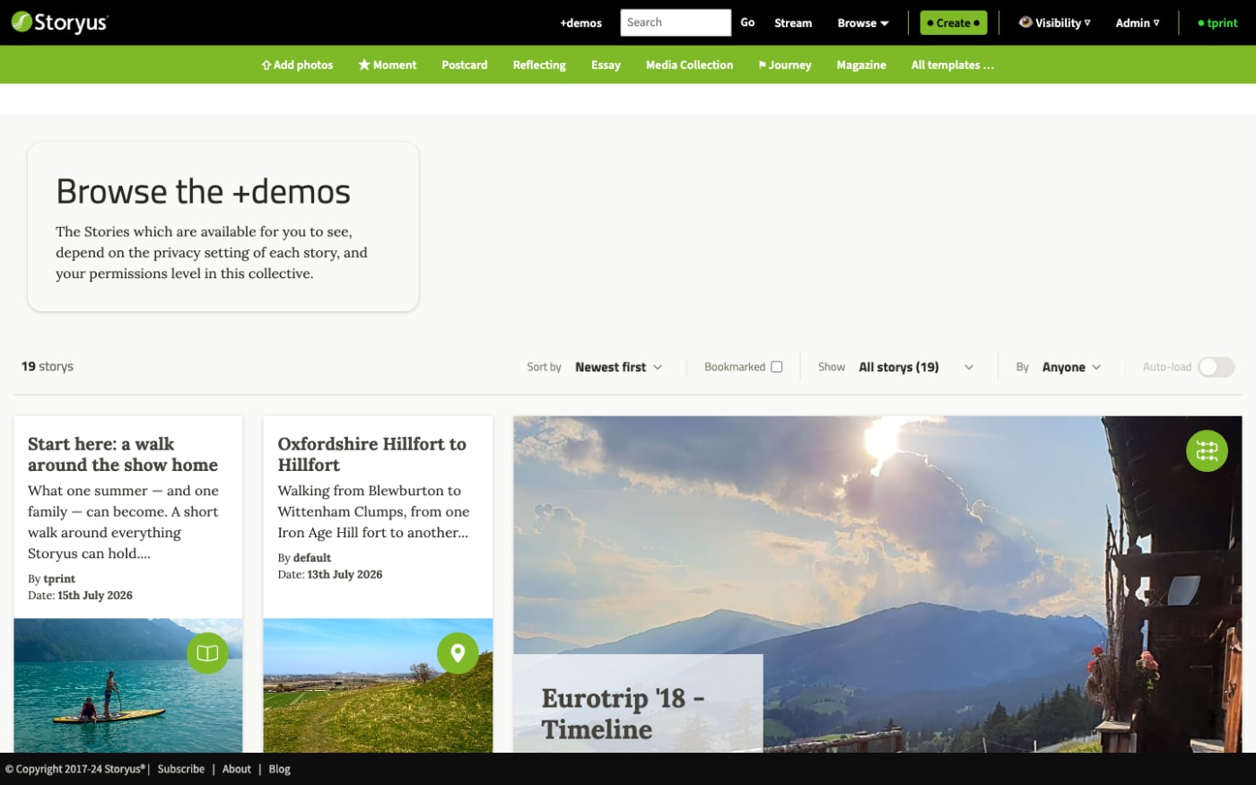 The Create menu open in the header: Add photos, Moment, Postcard, Reflecting, Essay, Media Collection, Journey, Magazine, All templates